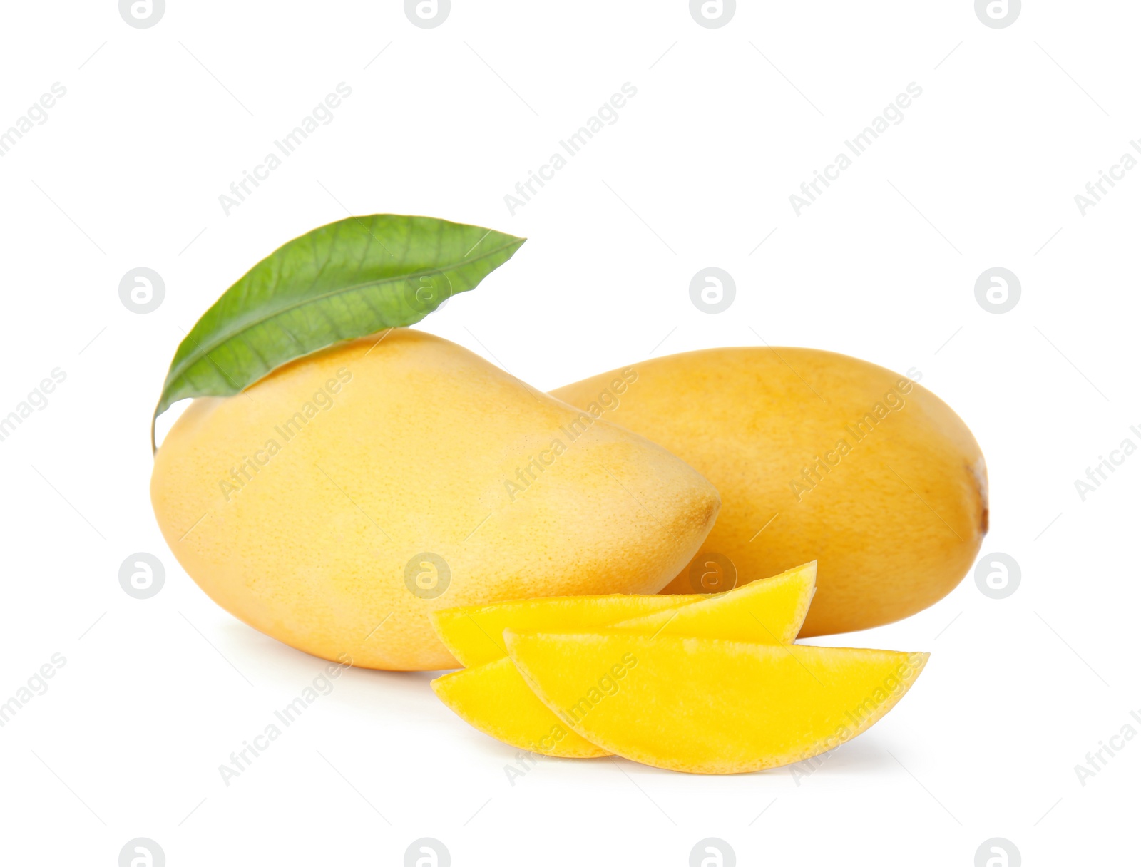 Photo of Fresh juicy mango and leaf isolated on white