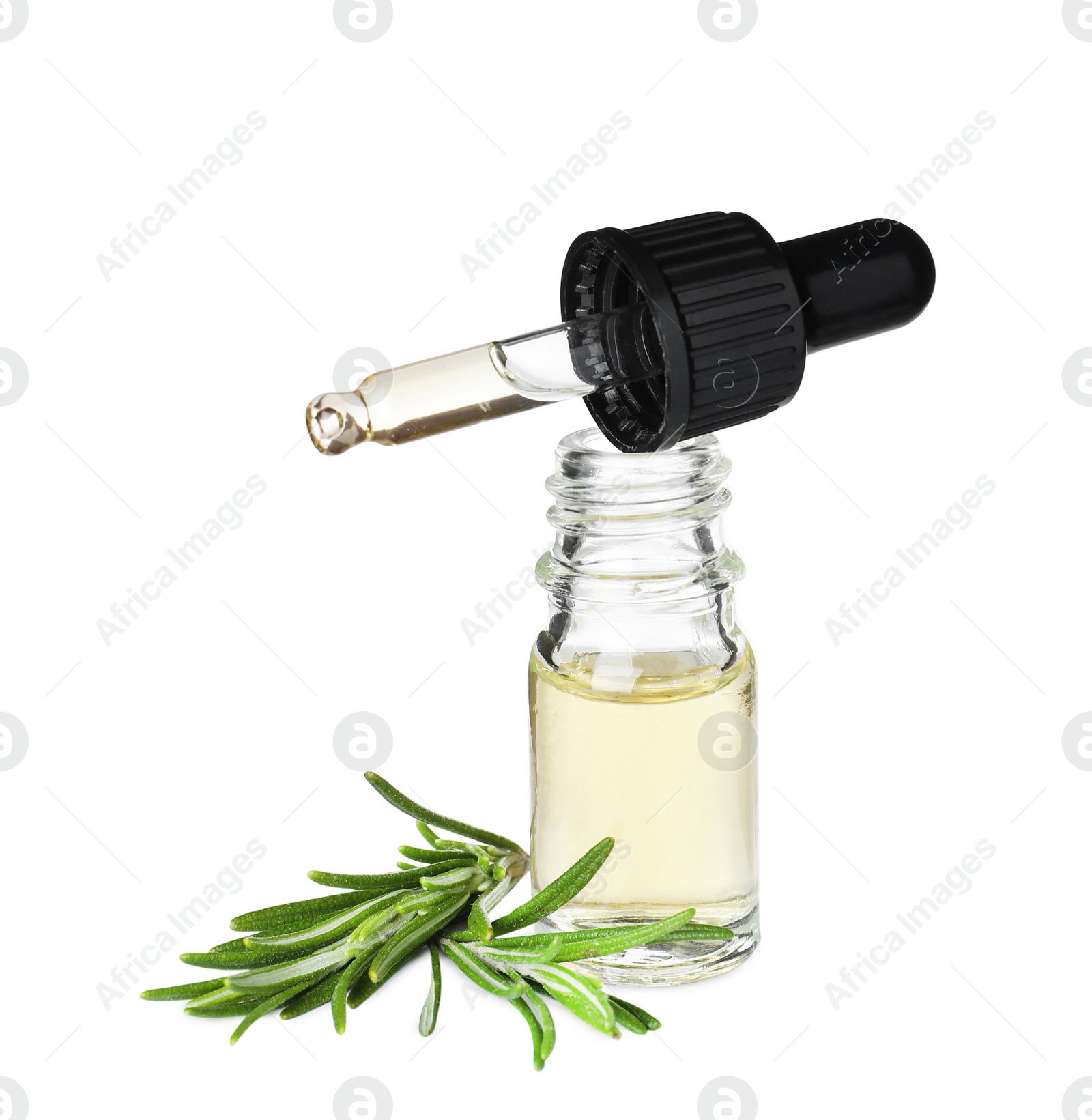 Photo of Little bottle of essential oil with dropper and rosemary on white background