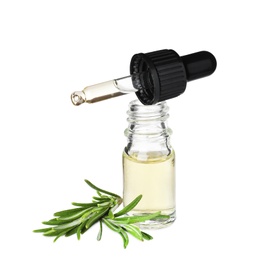 Little bottle of essential oil with dropper and rosemary on white background