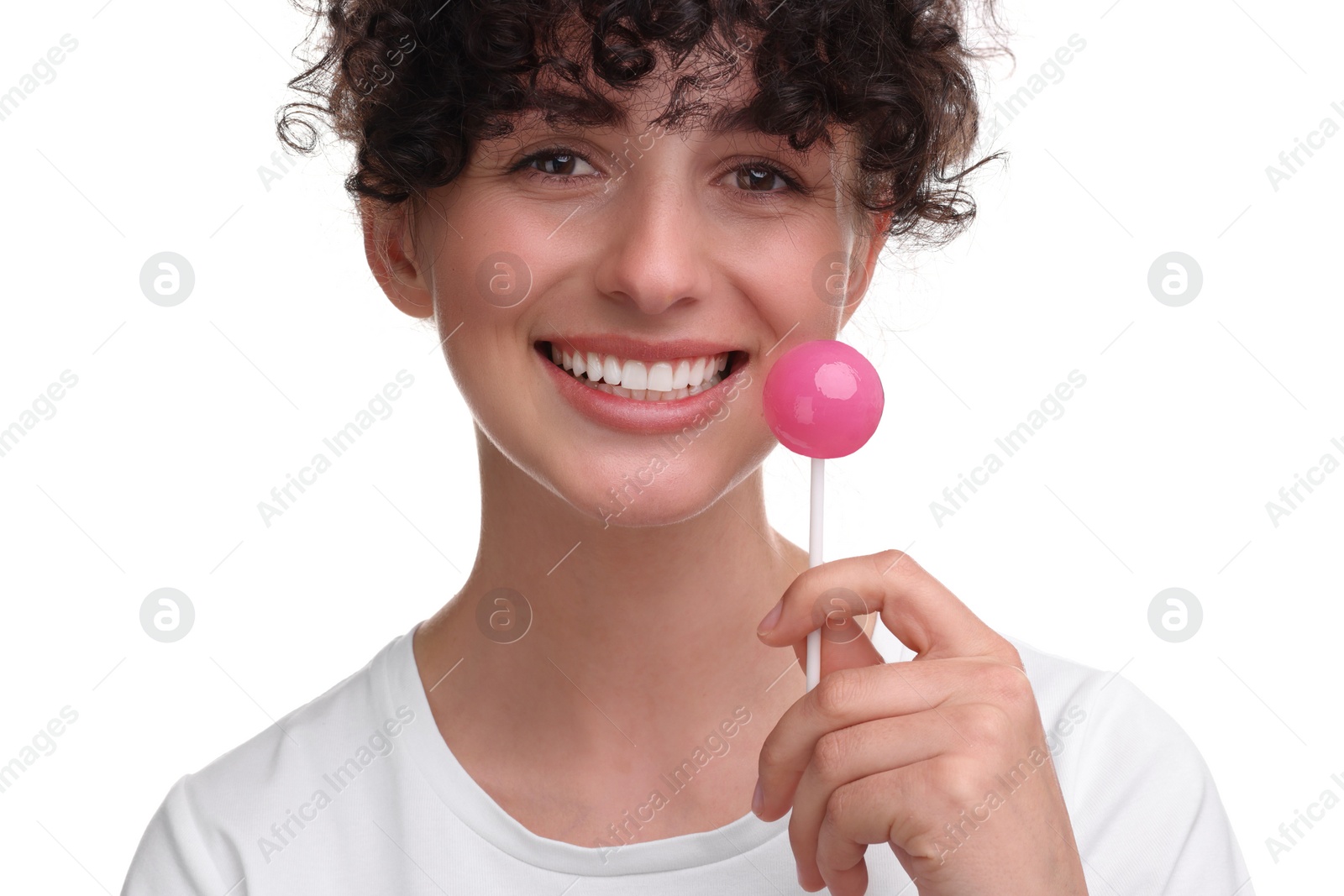 Photo of Beautiful woman with lollipop on white background