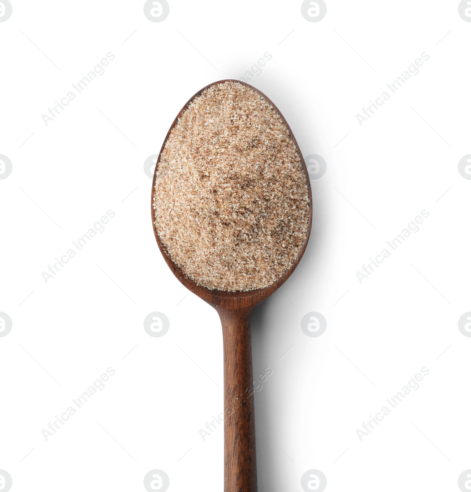 Photo of Spoon of buckwheat flour isolated on white, top view