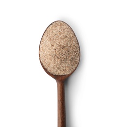 Photo of Spoon of buckwheat flour isolated on white, top view