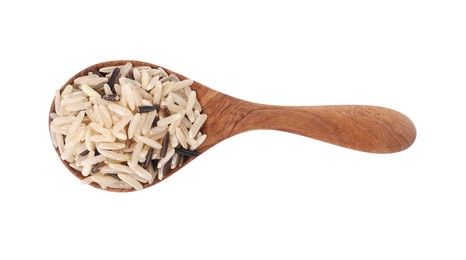 Photo of Spoon with raw unpolished rice isolated on white, top view