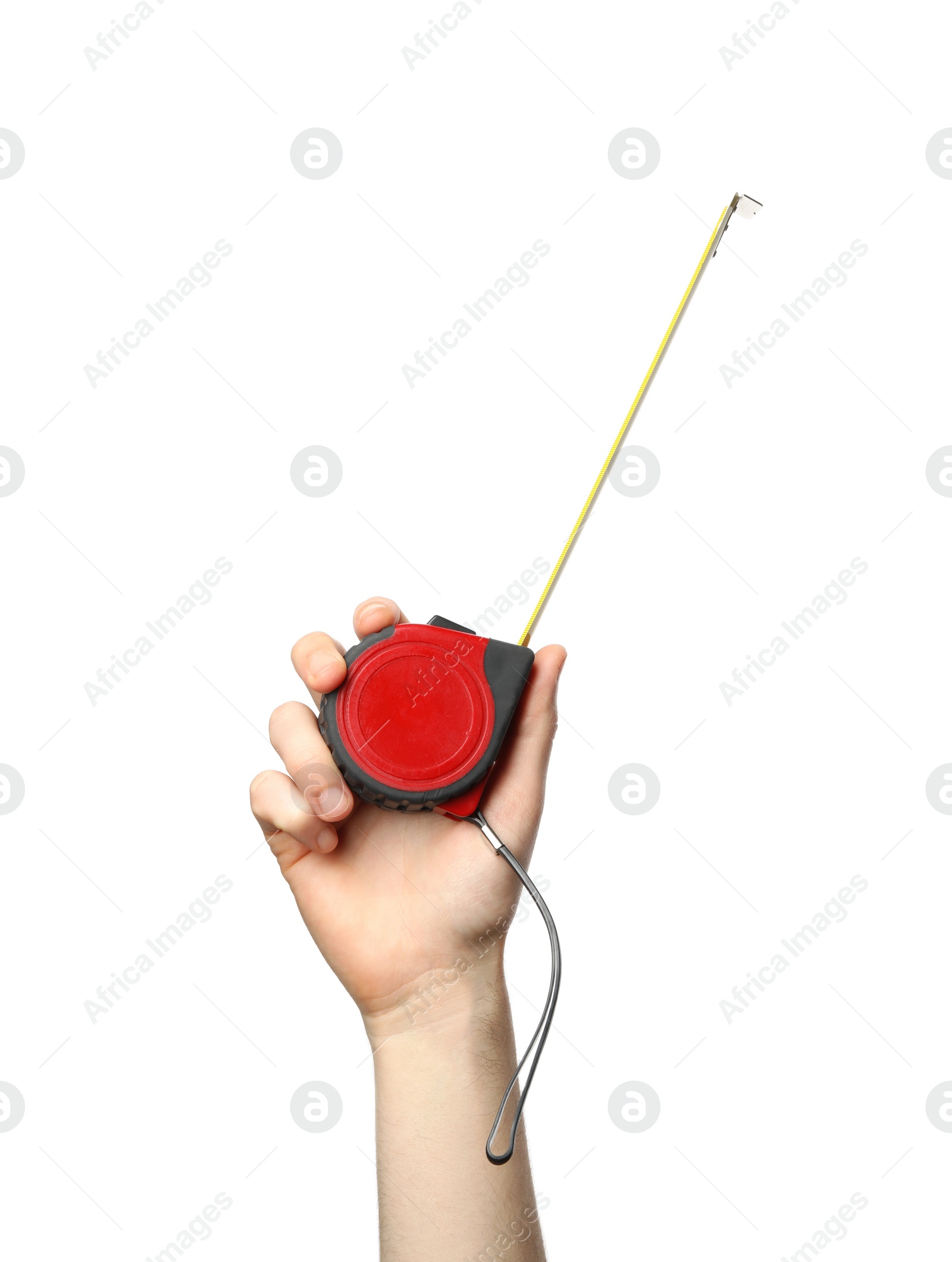 Photo of Man holding tape measure isolated on white, closeup