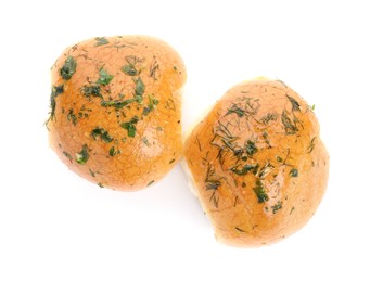 Photo of Traditional pampushka buns with garlic and herbs on white background, top view