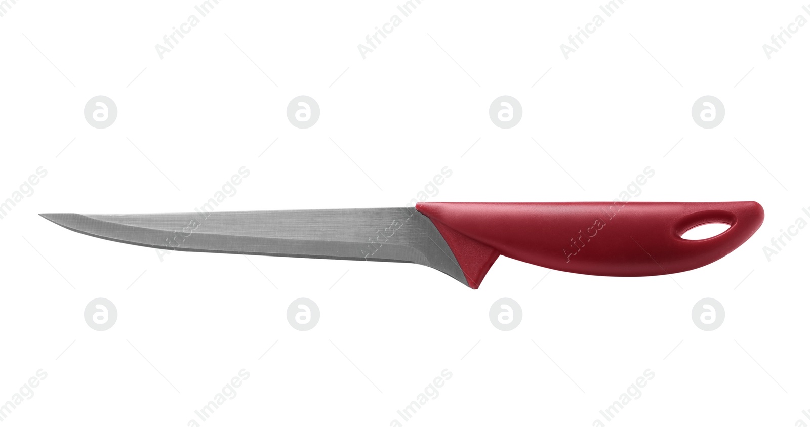 Photo of Stainless steel boning knife with plastic handle isolated on white
