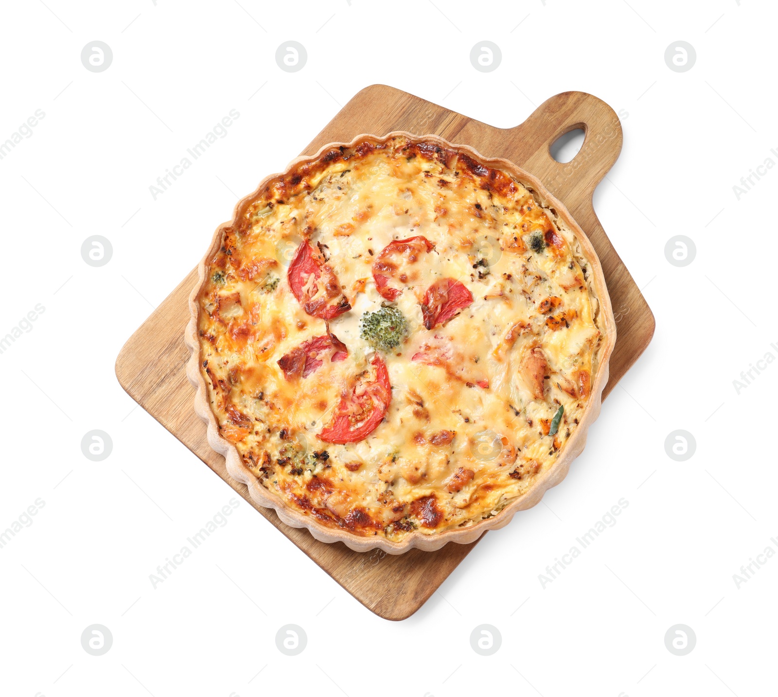 Photo of Tasty quiche with tomatoes and cheese isolated on white, top view