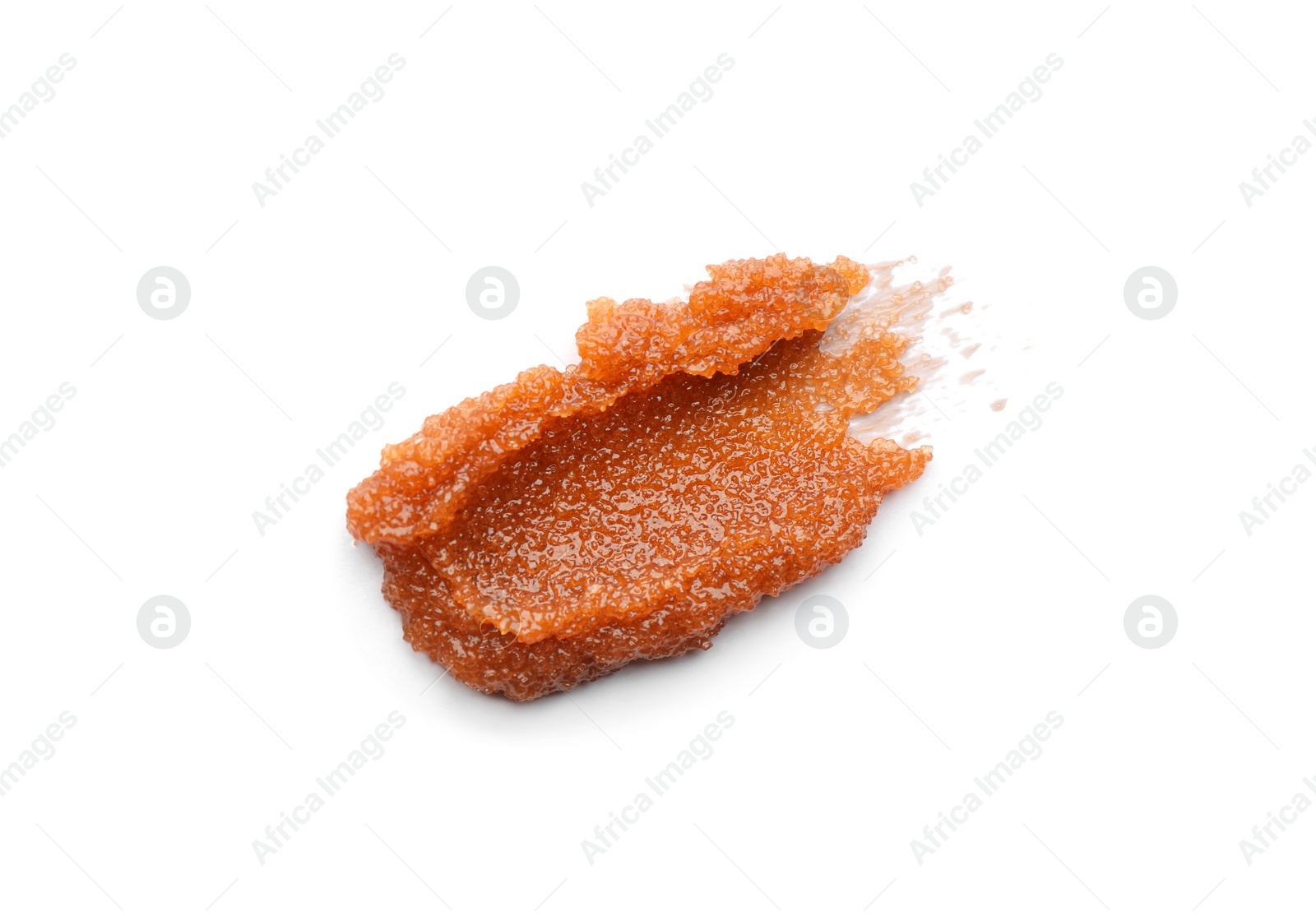 Photo of Smear of brown body scrub isolated on white, top view