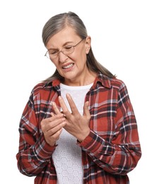 Arthritis symptoms. Woman suffering from pain in fingers on white background