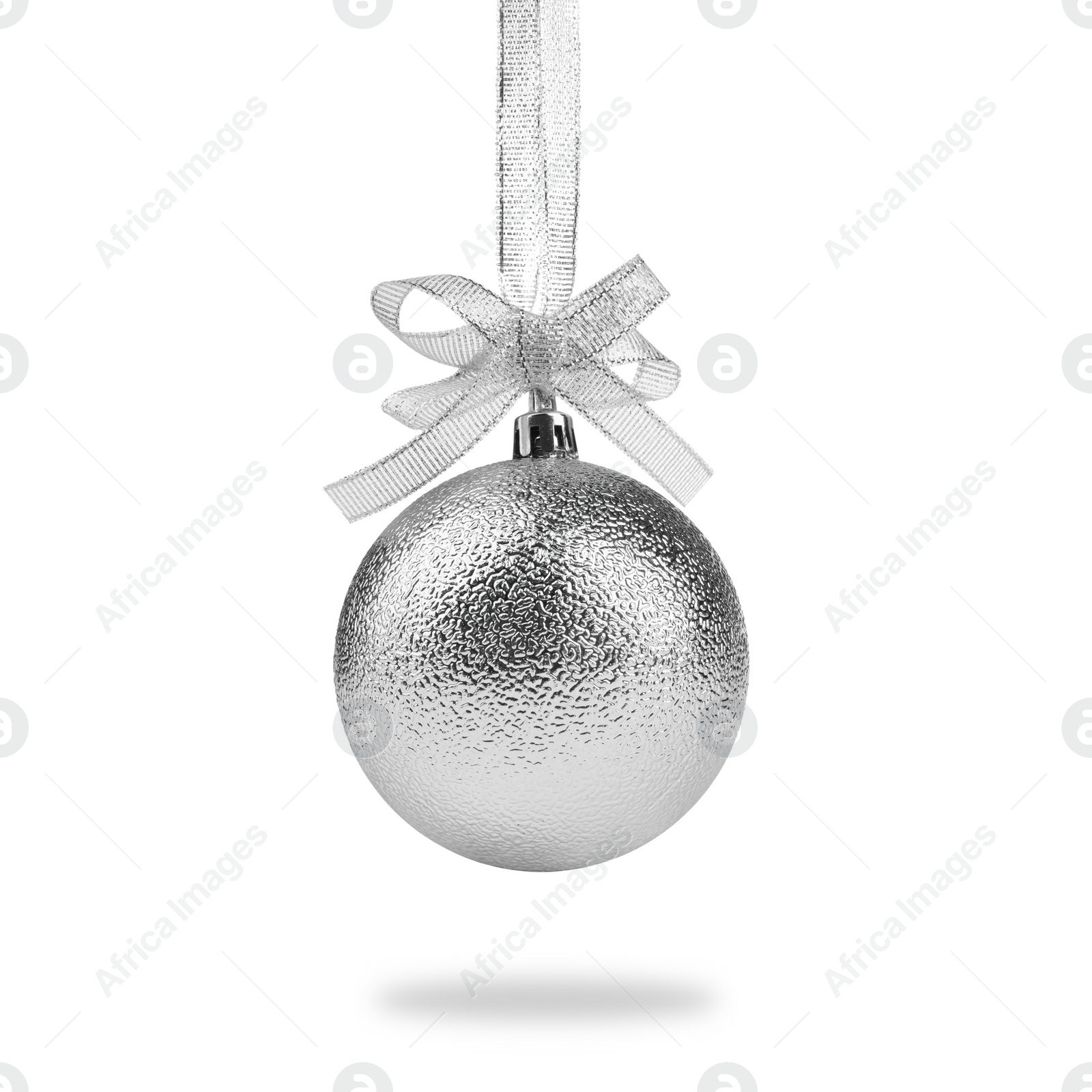 Image of Beautiful silver Christmas ball with bow hanging on white background