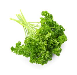 Photo of Fresh green curly parsley on white background, top view