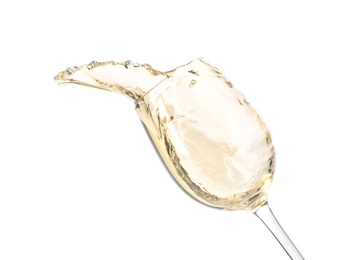 Glass with delicious wine on white background