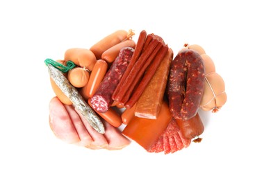 Photo of Different types of sausages isolated on white, top view