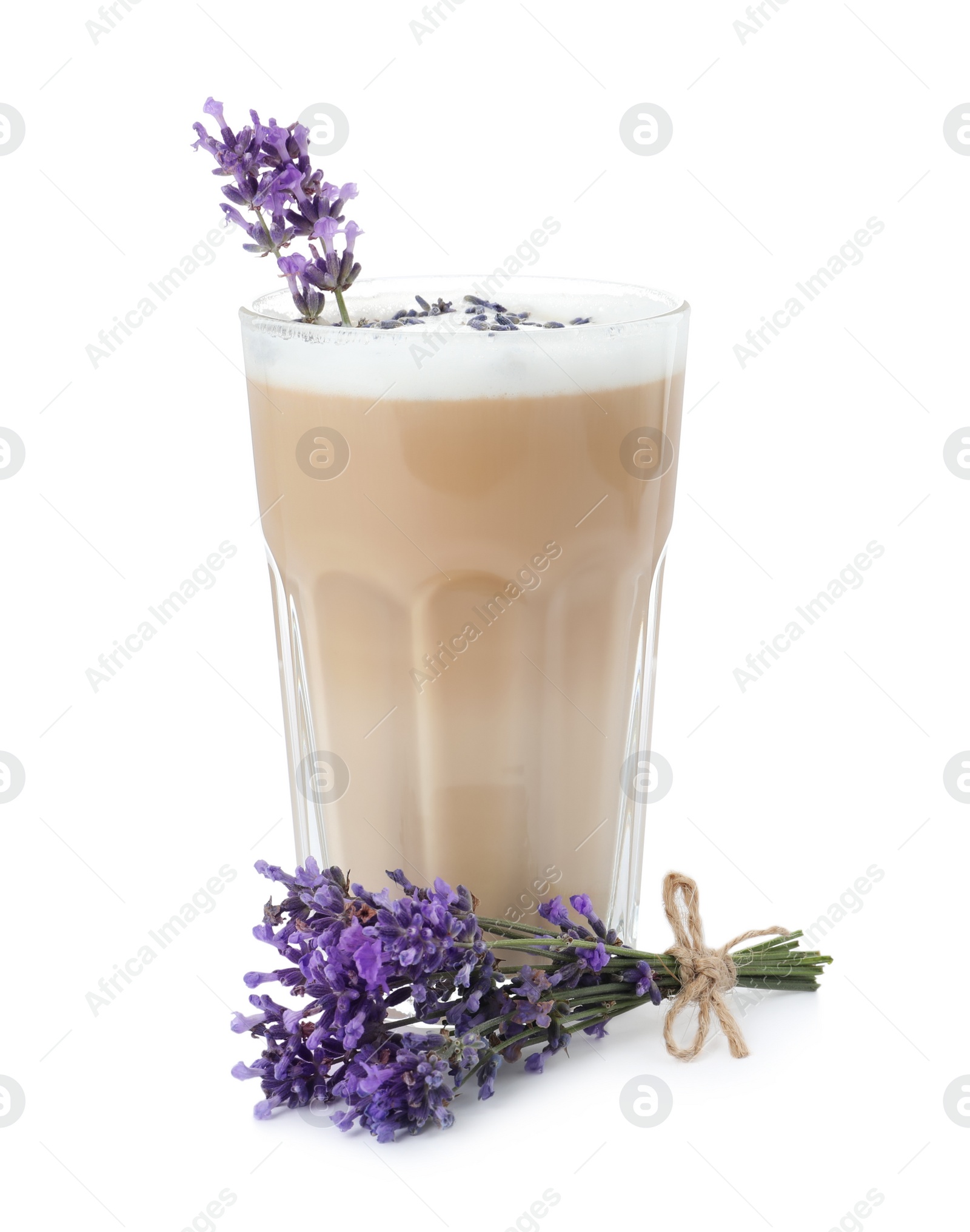 Photo of Delicious coffee with lavender on white background