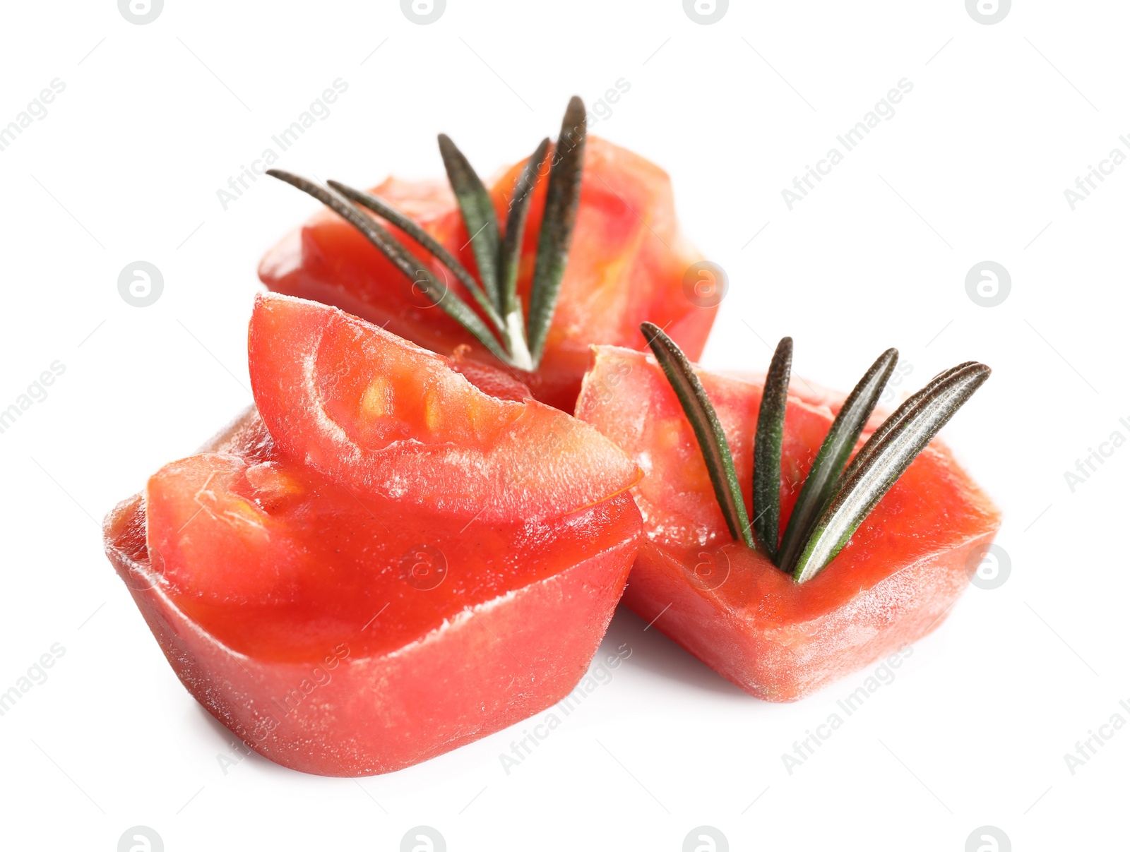 Photo of Tasty tomato ice cubes on white background