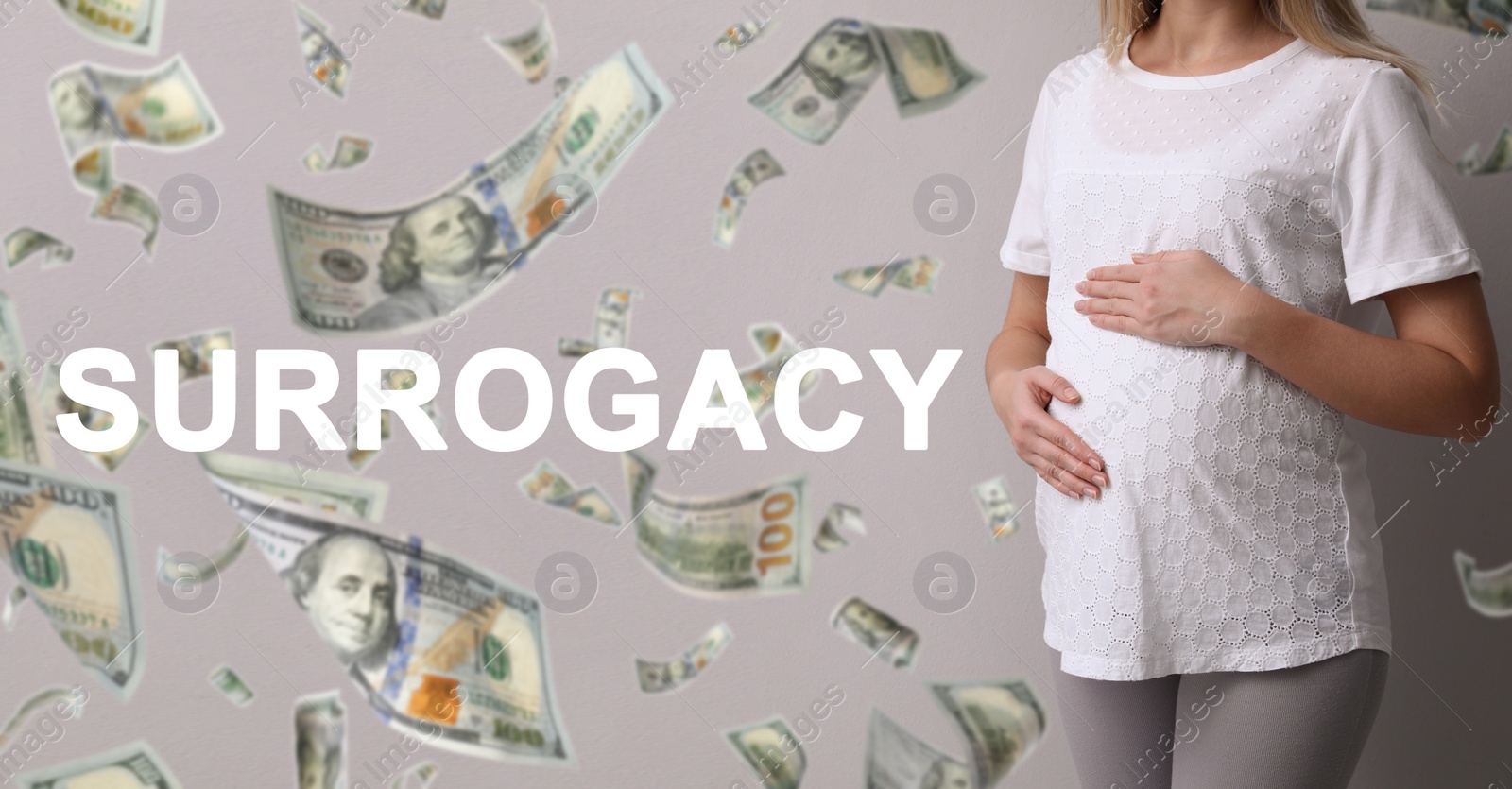 Image of Surrogate mother under money shower on light background, closeup. Banner design