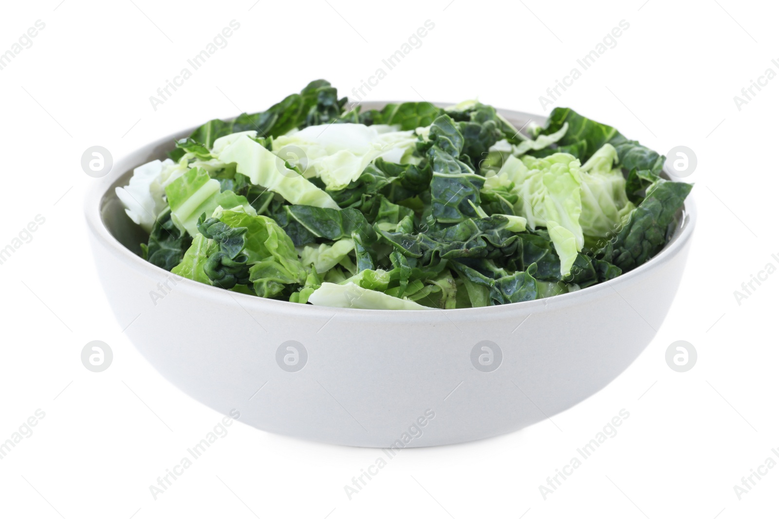 Photo of Shredded savoy cabbage in bowl isolated on white