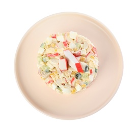 Photo of Delicious salad with crab sticks on white background, top view