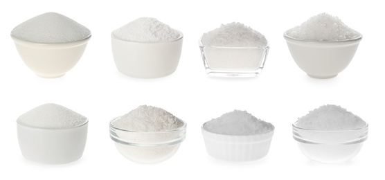 Image of Set of bowls with salt on white background, banner design 