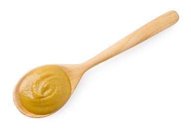 Photo of Fresh tasty mustard sauce in wooden spoon isolated on white, top view