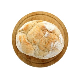 Photo of Freshly baked sourdough bread isolated on white, top view