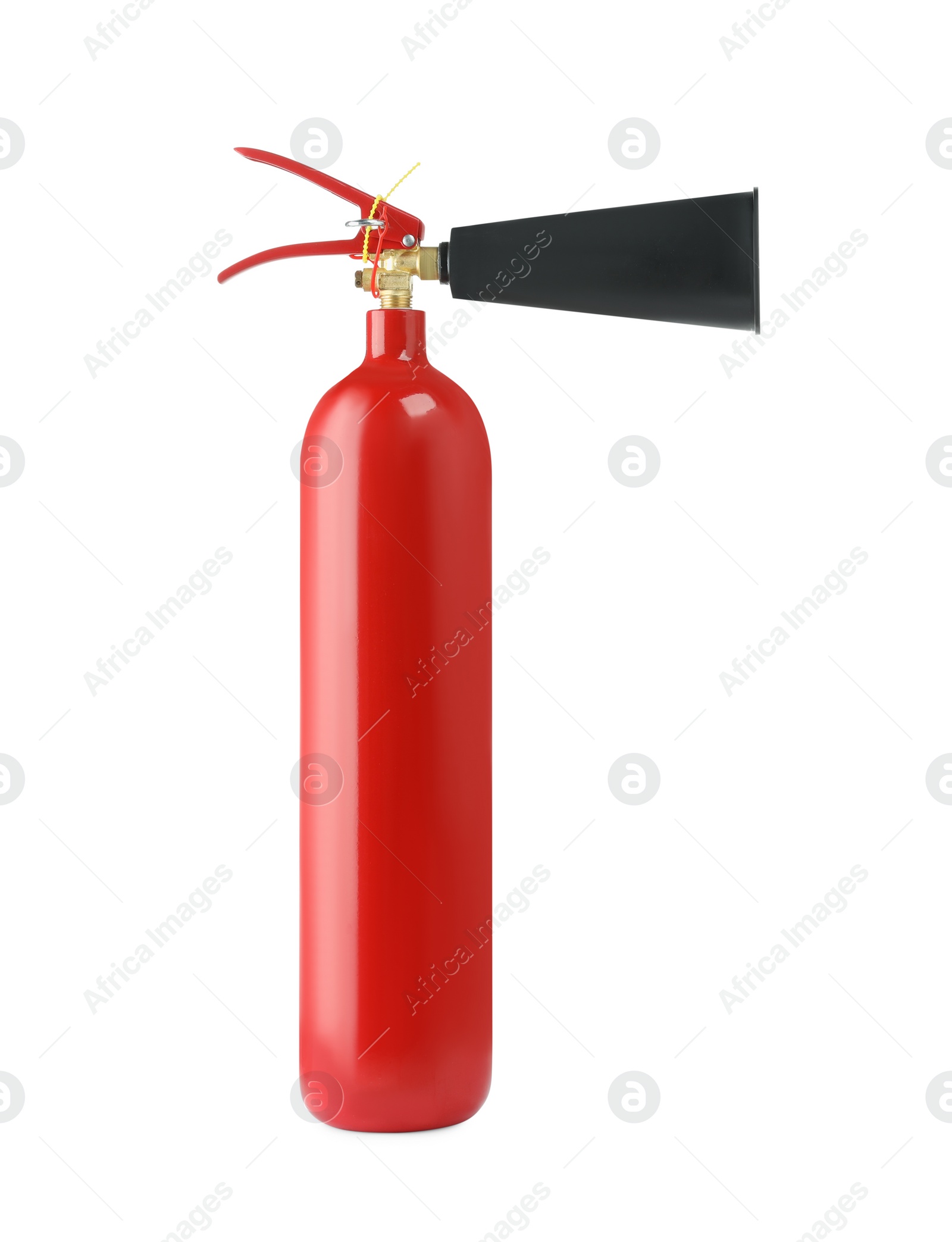 Photo of One red fire extinguisher on white background