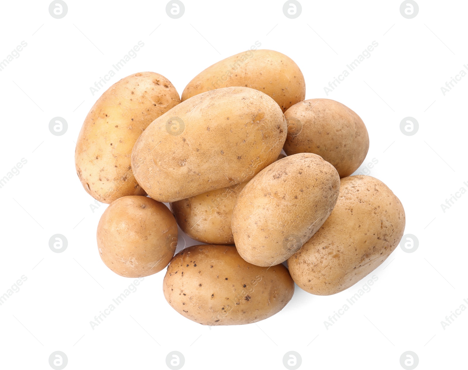 Photo of Fresh ripe organic potatoes on white background, top view