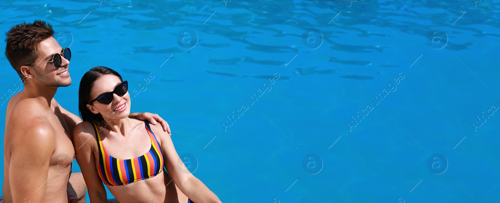 Image of Woman in bikini with boyfriend near outdoor pool, space for text. Banner design