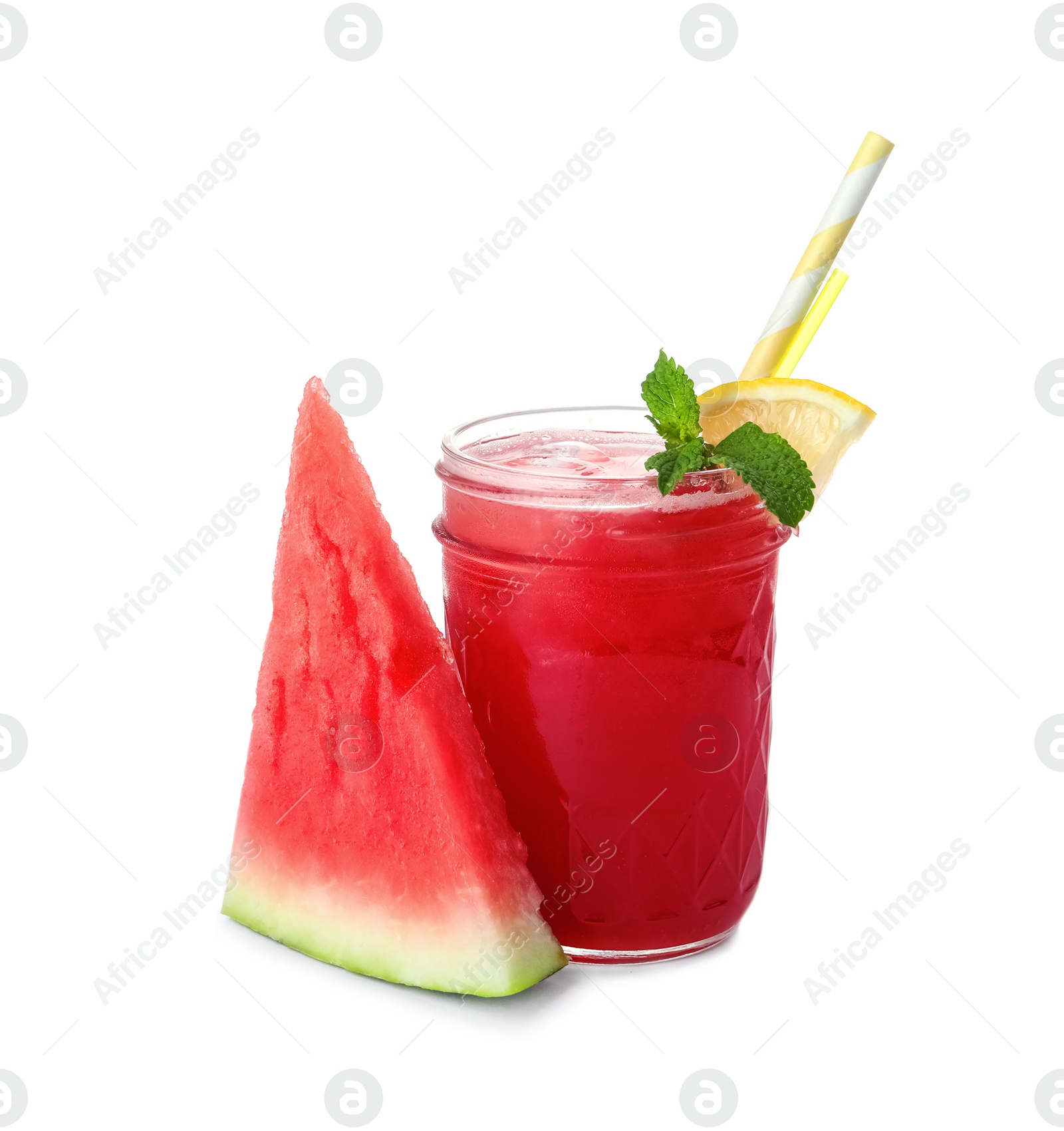 Photo of Delicious fresh watermelon drink with fresh fruit on white background