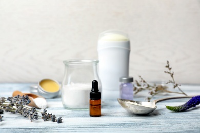 Photo of Natural ingredients for deodorant on wooden table