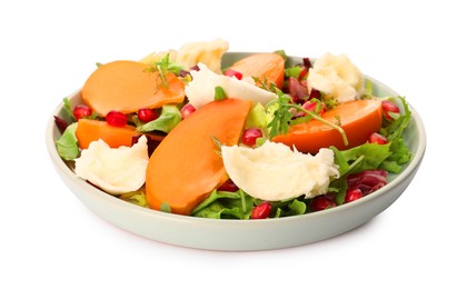 Photo of Plate with delicious persimmon salad on white background