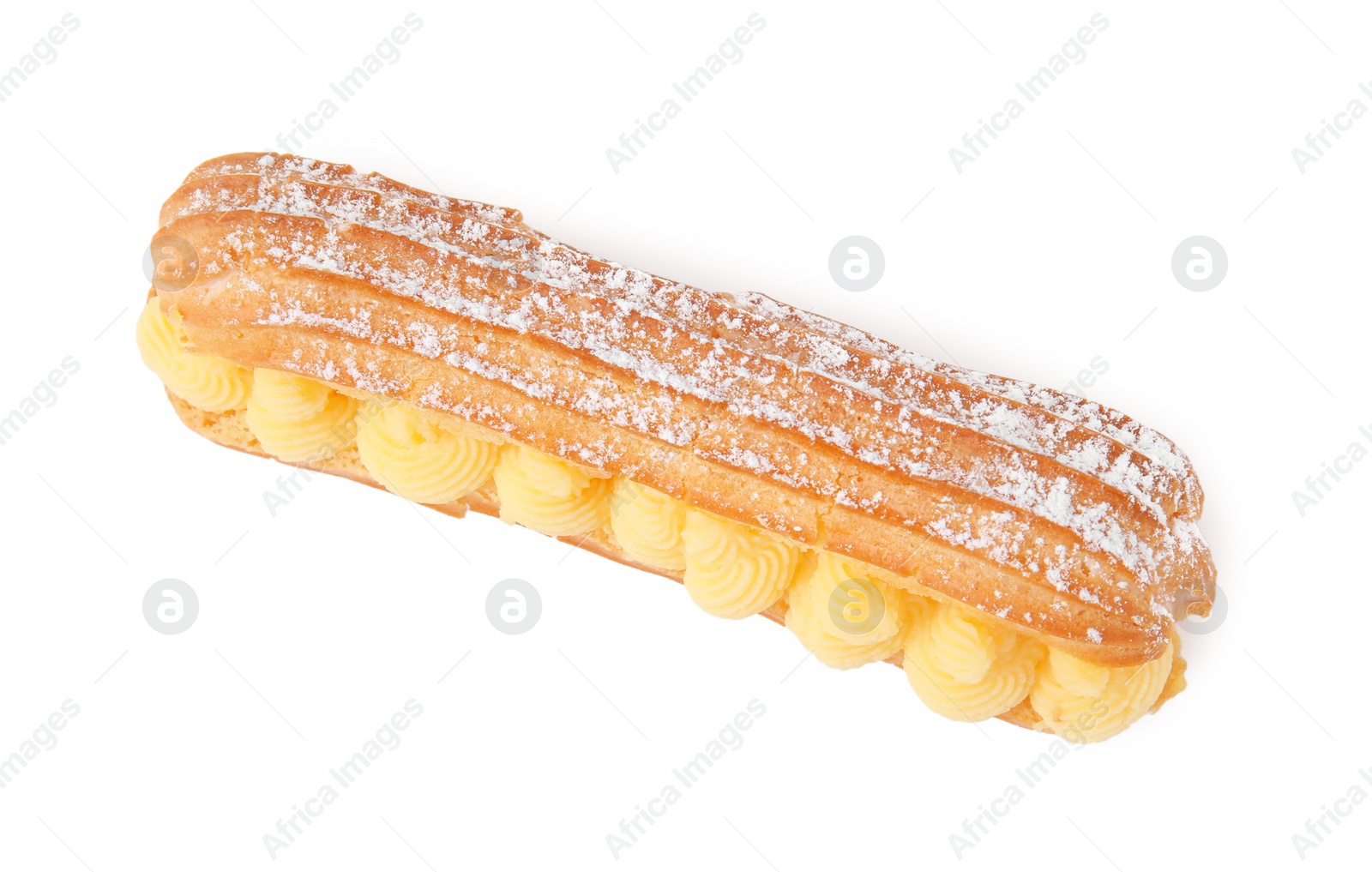 Photo of Delicious eclair filled with cream isolated on white, above view