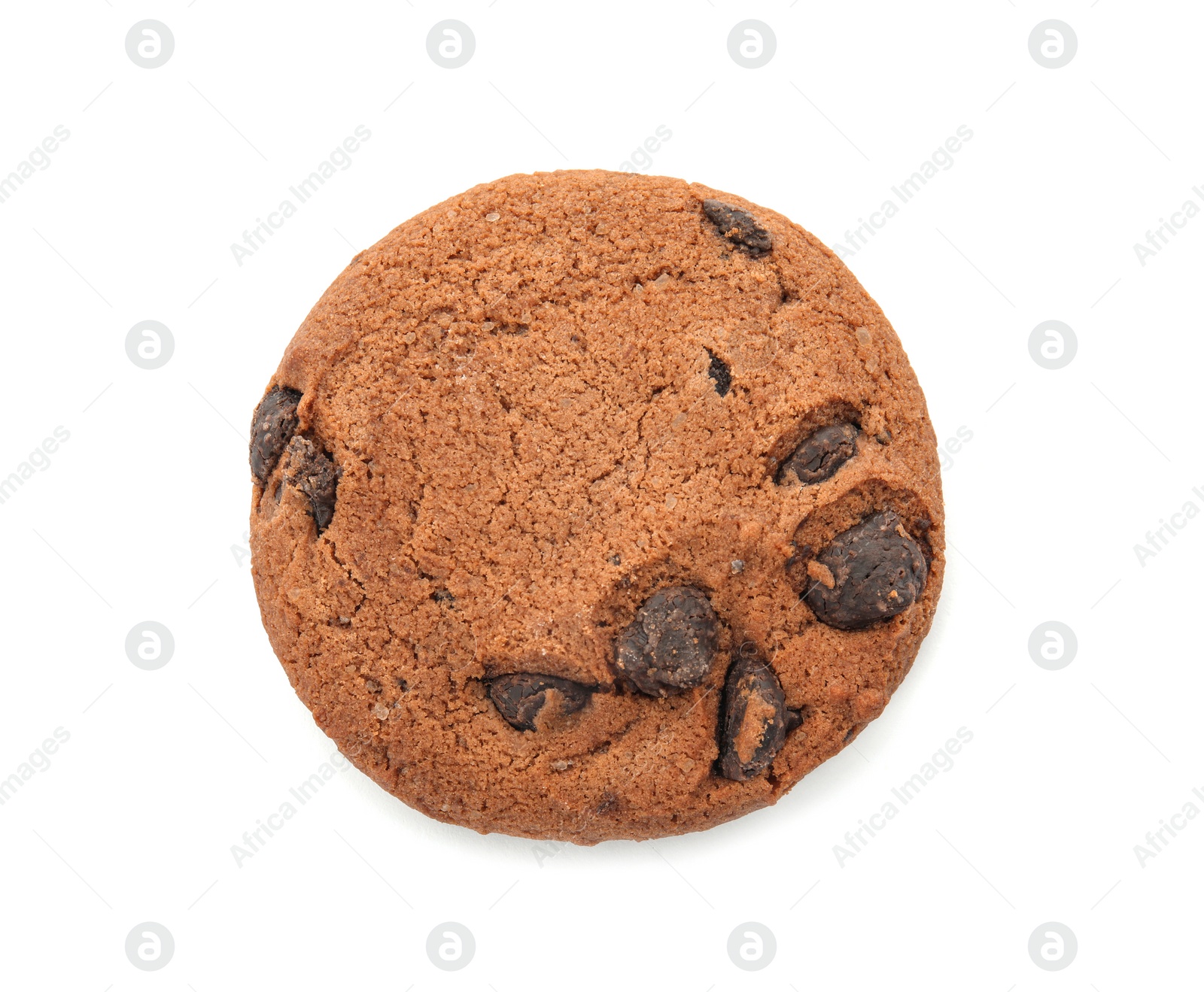 Photo of Tasty chocolate chip cookie on white background, top view