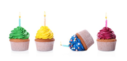 Dropped cupcake among good ones on white background. Troubles happen