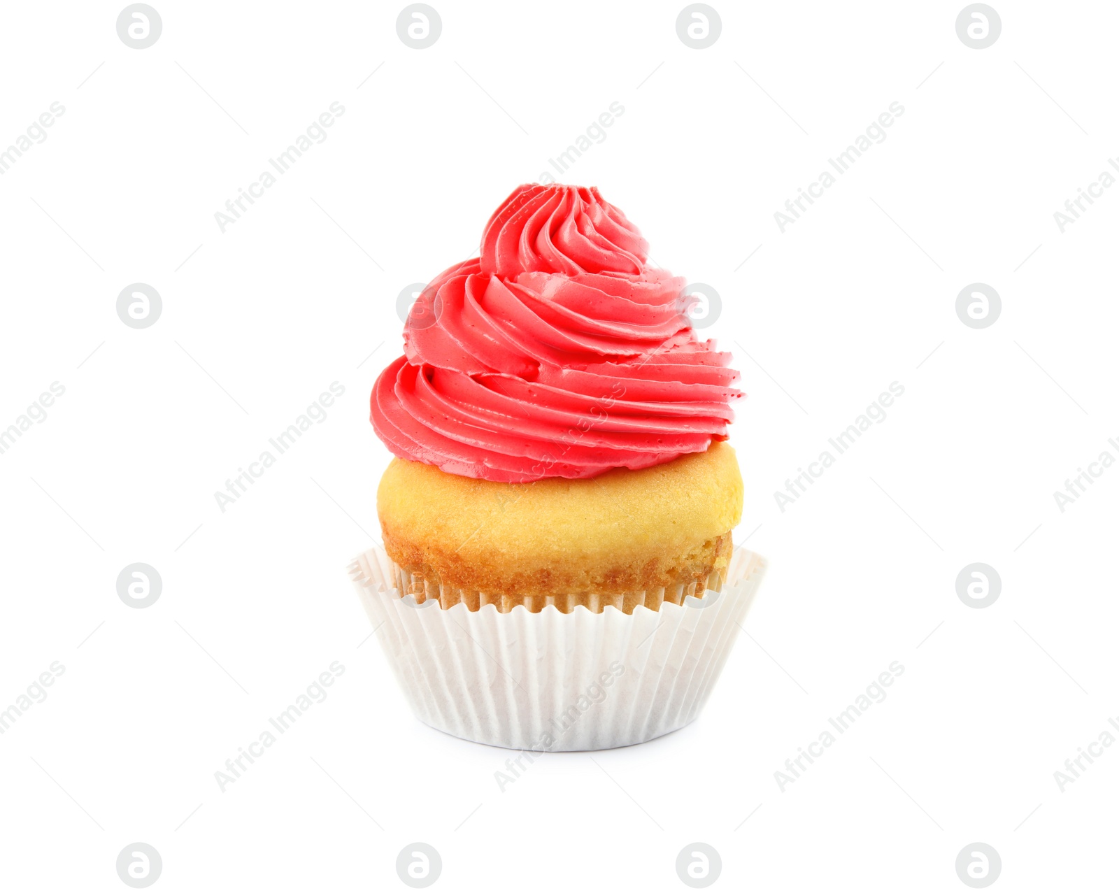 Photo of Tasty birthday cupcake with cream on white background