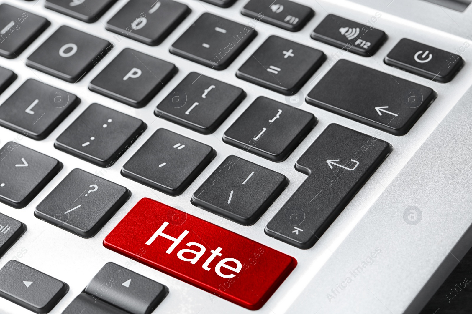 Image of Red button with text Hate on computer keyboard, closeup