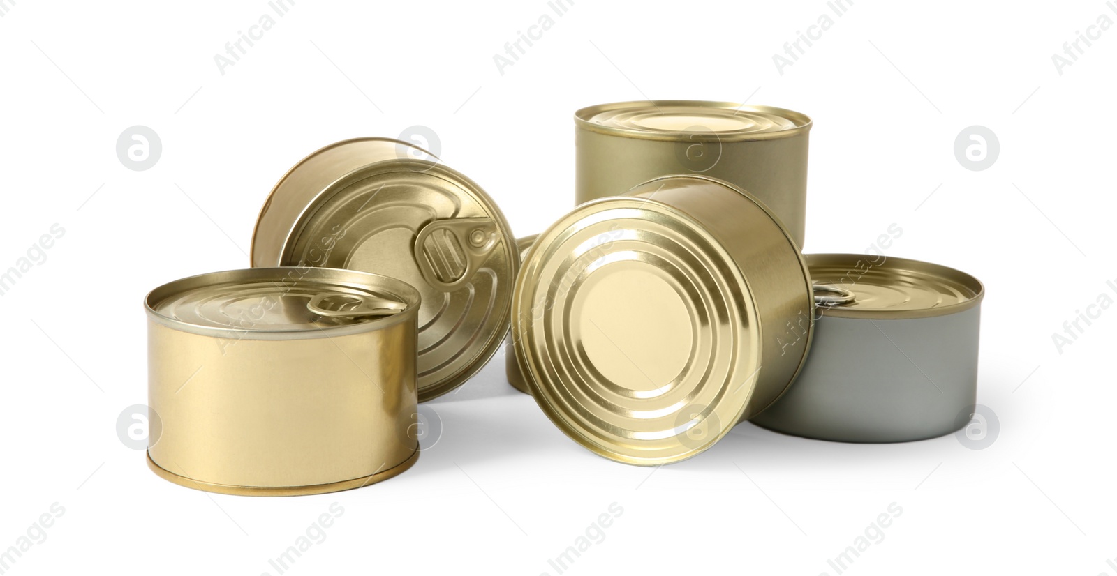 Photo of Closed tin cans isolated on white, mockup for design