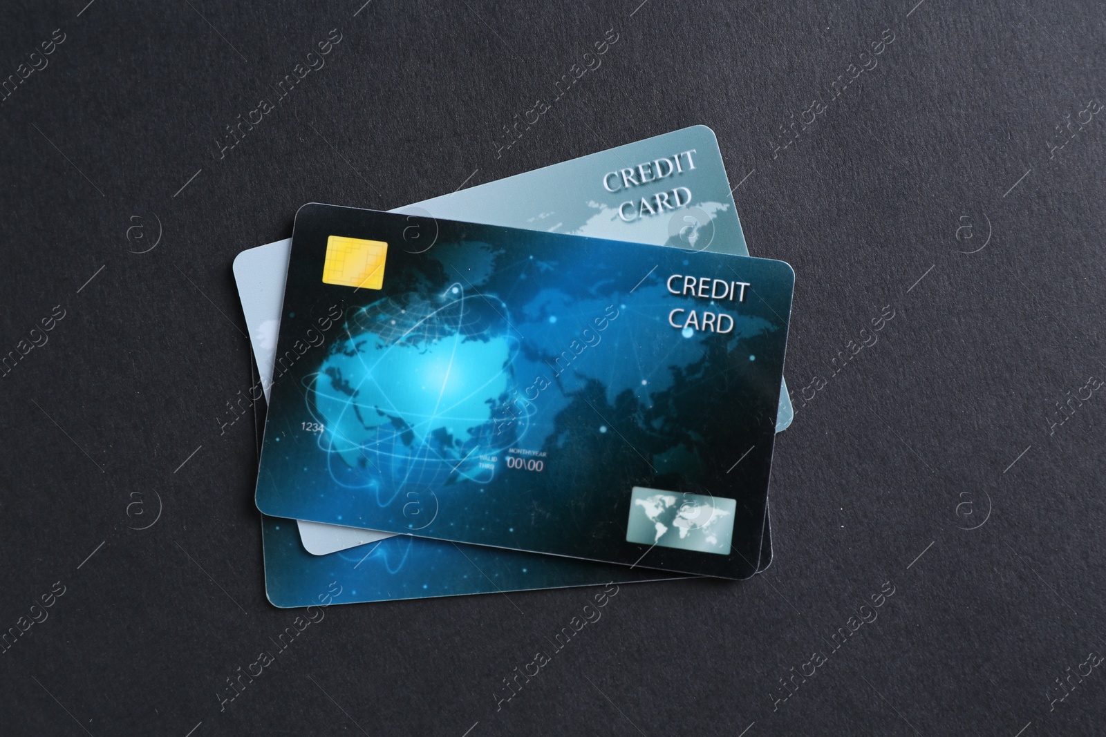 Photo of Many credit cards on grey table, flat lay