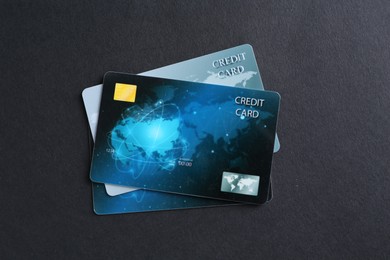 Many credit cards on grey table, flat lay