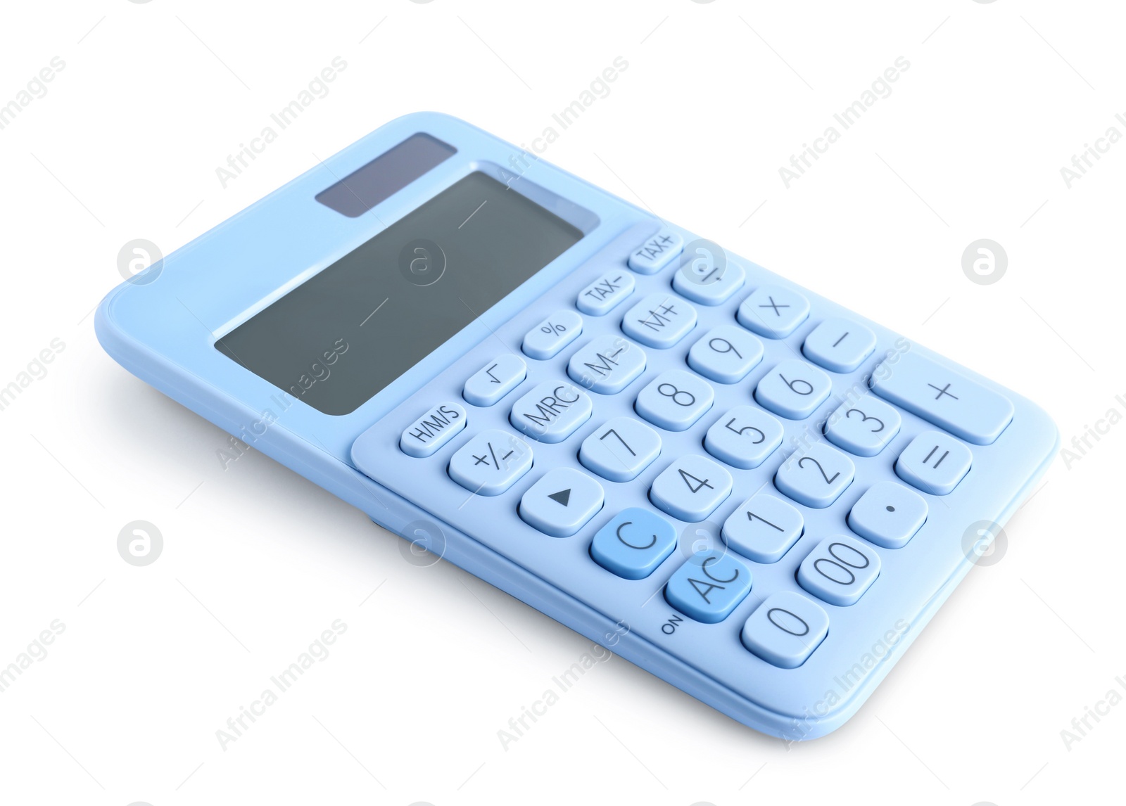 Photo of Light blue calculator on white background. School stationery