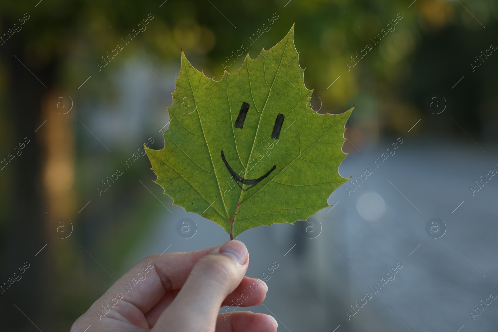 Photo of Woman holding green leaf with smiley face outdoors, closeup