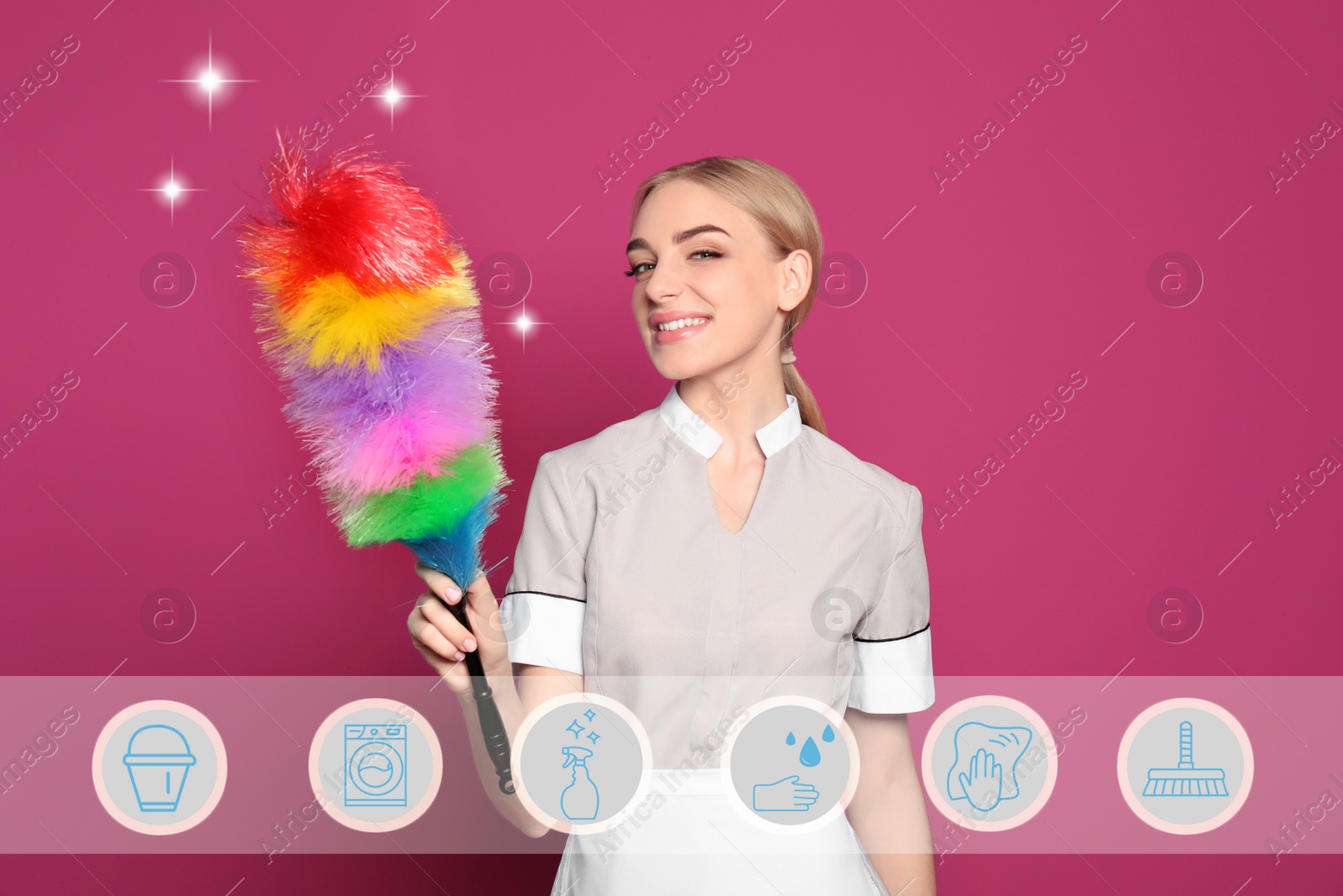 Image of Young chambermaid and different icons on pink background