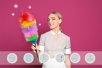 Young chambermaid and different icons on pink background