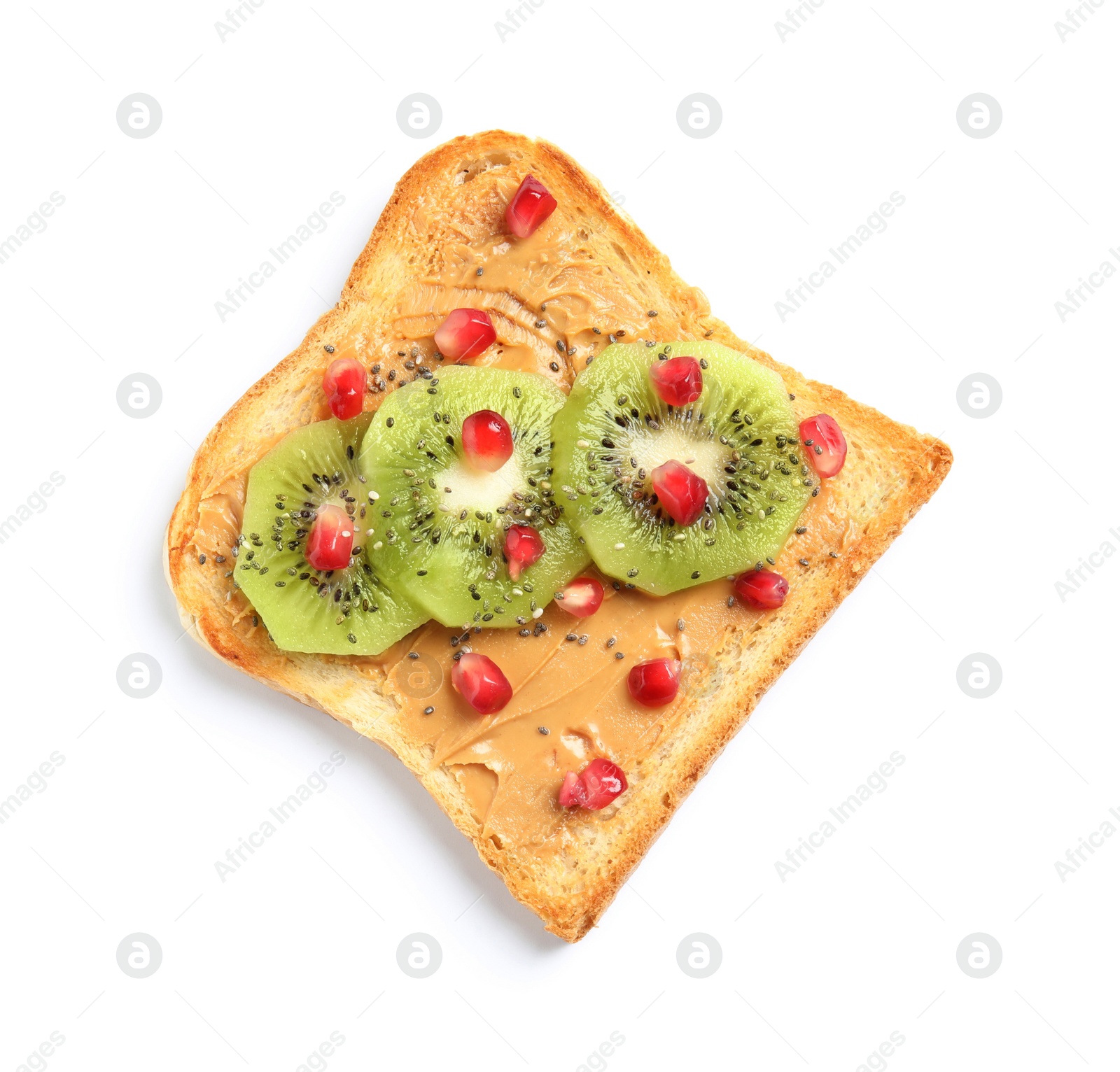 Photo of Tasty toast with kiwi, peanut butter, pomegranate and chia seeds on white background, top view