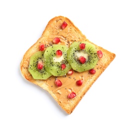 Photo of Tasty toast with kiwi, peanut butter, pomegranate and chia seeds on white background, top view