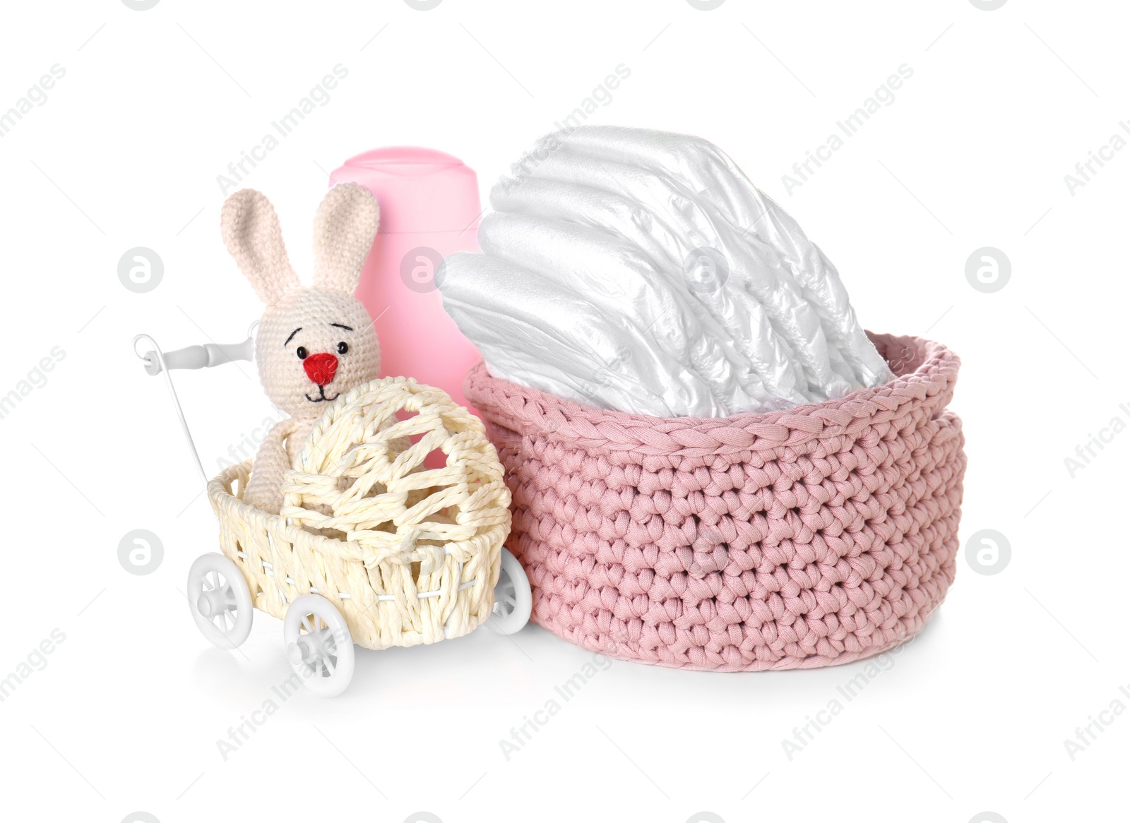 Photo of Set of baby accessories on white background