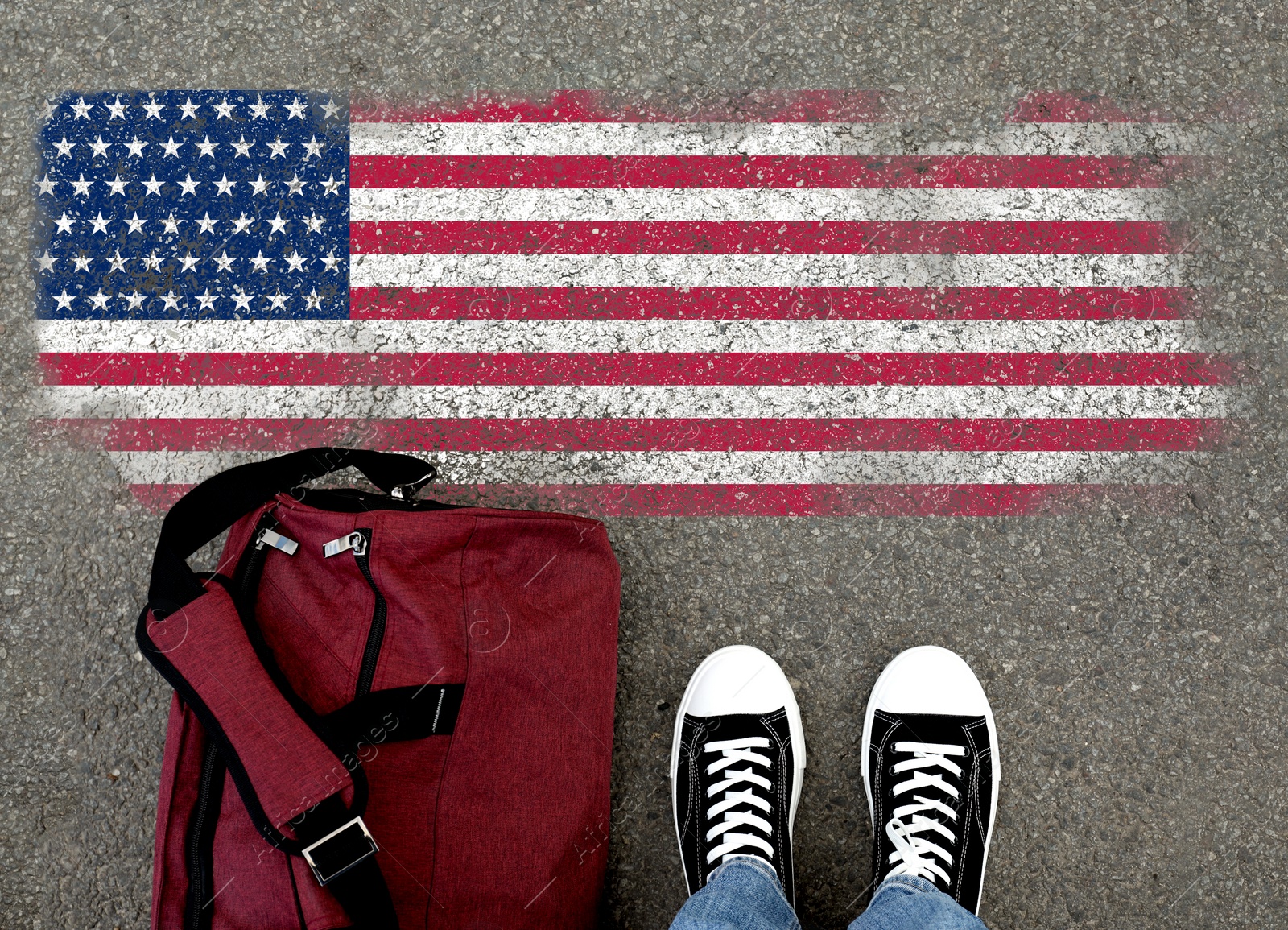 Image of Immigration. Man with bag standing on asphalt near flag of USA, top view