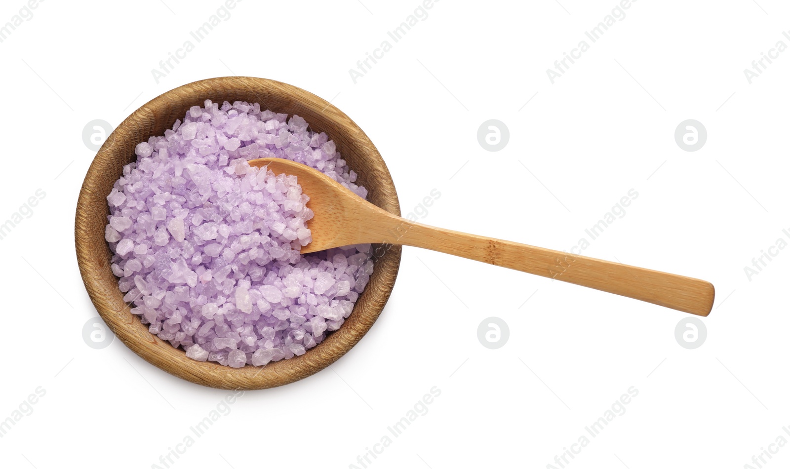 Photo of Bowl with violet sea salt and spoon isolated on white, top view