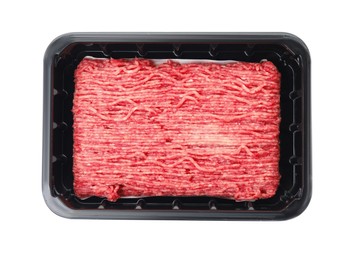 Photo of Plastic container with minced meat isolated on white, top view
