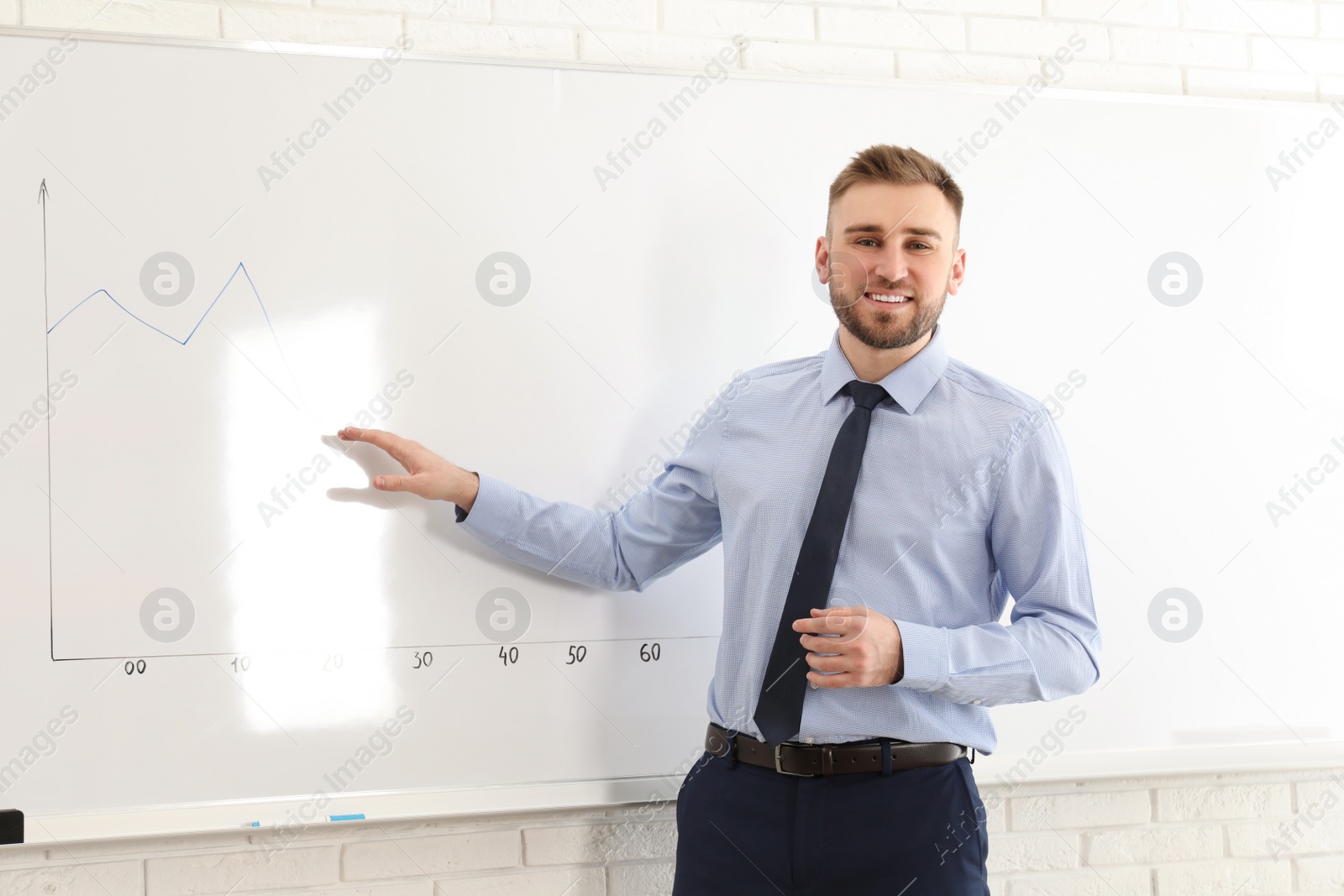 Photo of Professional business trainer near whiteboard in office